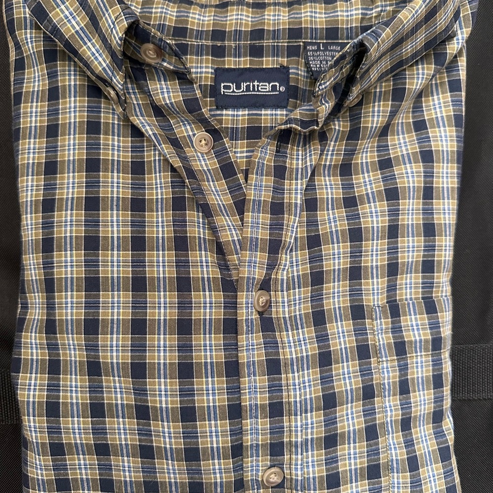 Puritan Men's Casual Plaid Shirt - Blue and Tan Size L